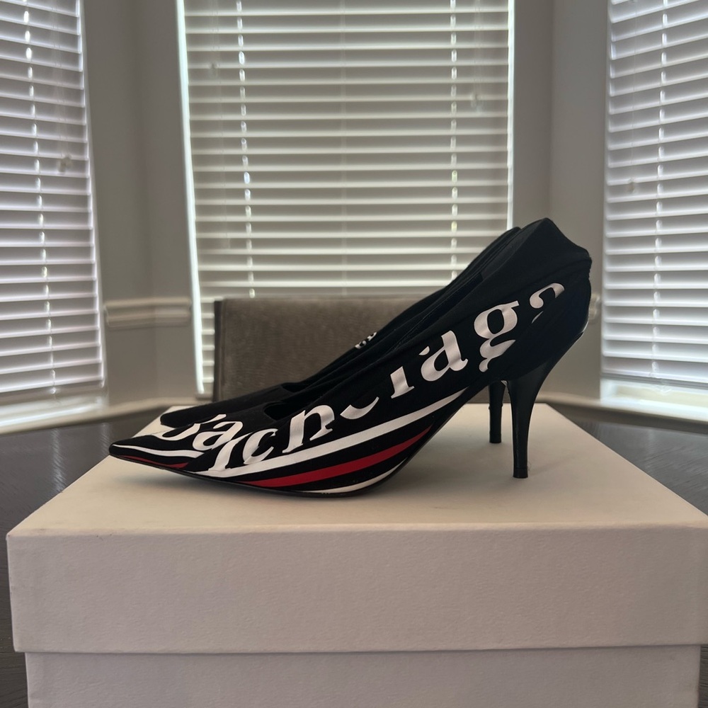 Balenciaga Black Fabric and Leather Logo Knife Pumps